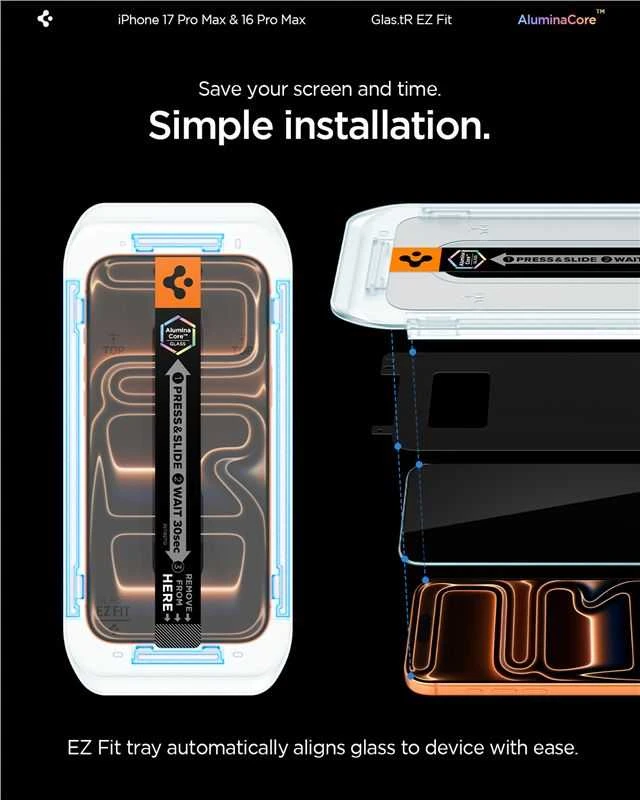 „Spigen Glas.tR EZ Fit“ dėklas, skirtas „Apple iPhone 16 Pro Max / 17 Pro Max“ – 2 vnt.