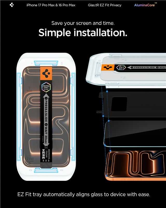 „Spigen Glas.tR EZ Fit Privacy“ dėklas Apple iPhone 16 Pro Max / 17 Pro Max – 2 vnt.