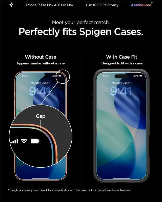 „Spigen Glas.tR EZ Fit Privacy“ dėklas Apple iPhone 16 Pro Max / 17 Pro Max – 2 vnt.