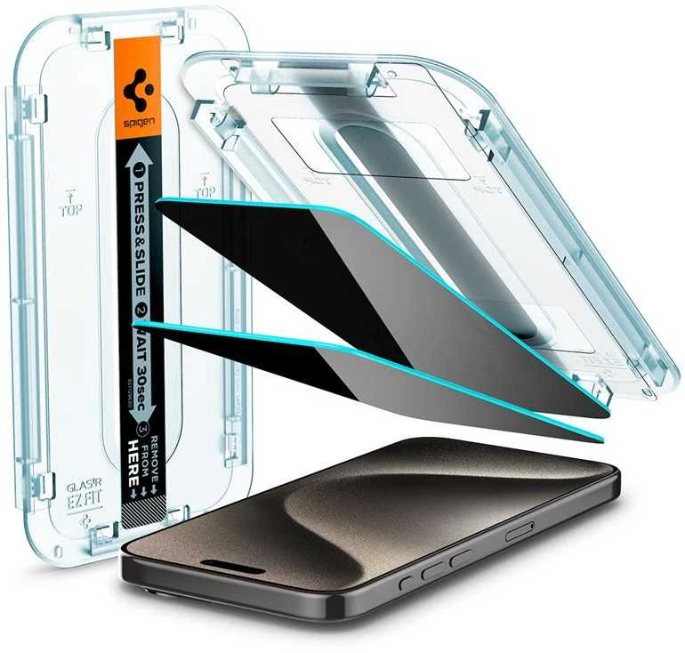 Spigen GLAS.TR EZ FIT Privacy – Apsauginis stiklas with privacy filter skirtas iPhone 15 Pro Max