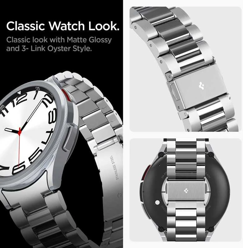 „Spigen Modern Fit 316L“ dirželis, sidabrinis - „Samsung Galaxy Watch6 Classic“ 47 mm