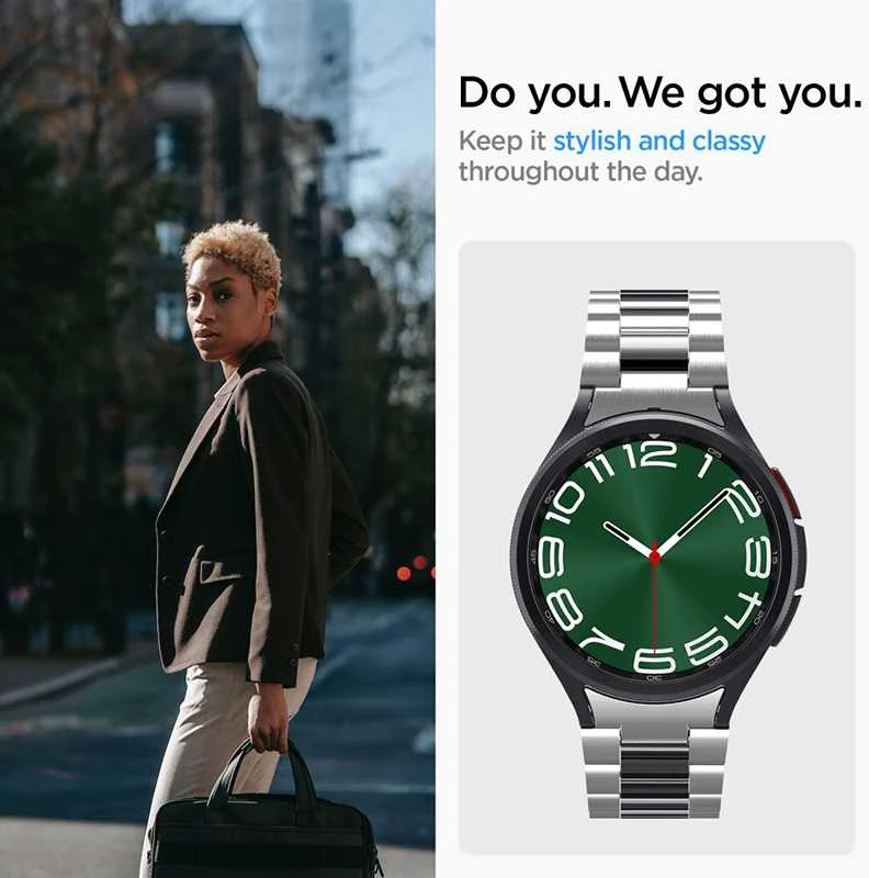 „Spigen Modern Fit 316L“ dirželis, sidabrinis - „Samsung Galaxy Watch6 Classic“ 47 mm