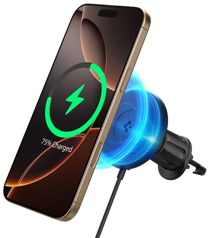 „Spigen OneTap Pro 4 MagSafe“ automobilinis įkroviklis, juodas - belaidis / su „AirVent“ kabliuku