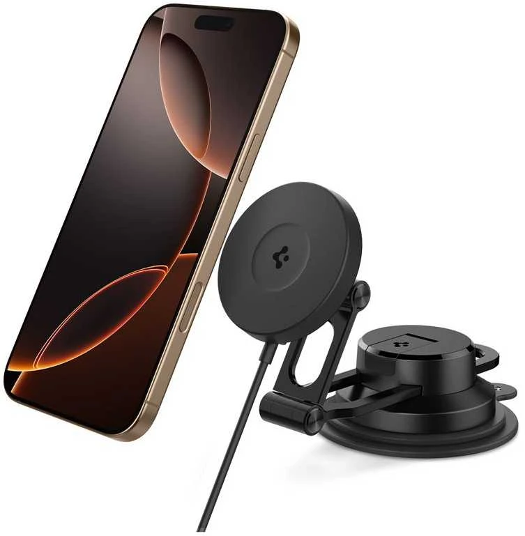 „Spigen OneTap Pro 4 MagSafe“ automobilinis įkroviklis, juodas - belaidis / prietaisų skydelio / priekinio stiklo laikiklis