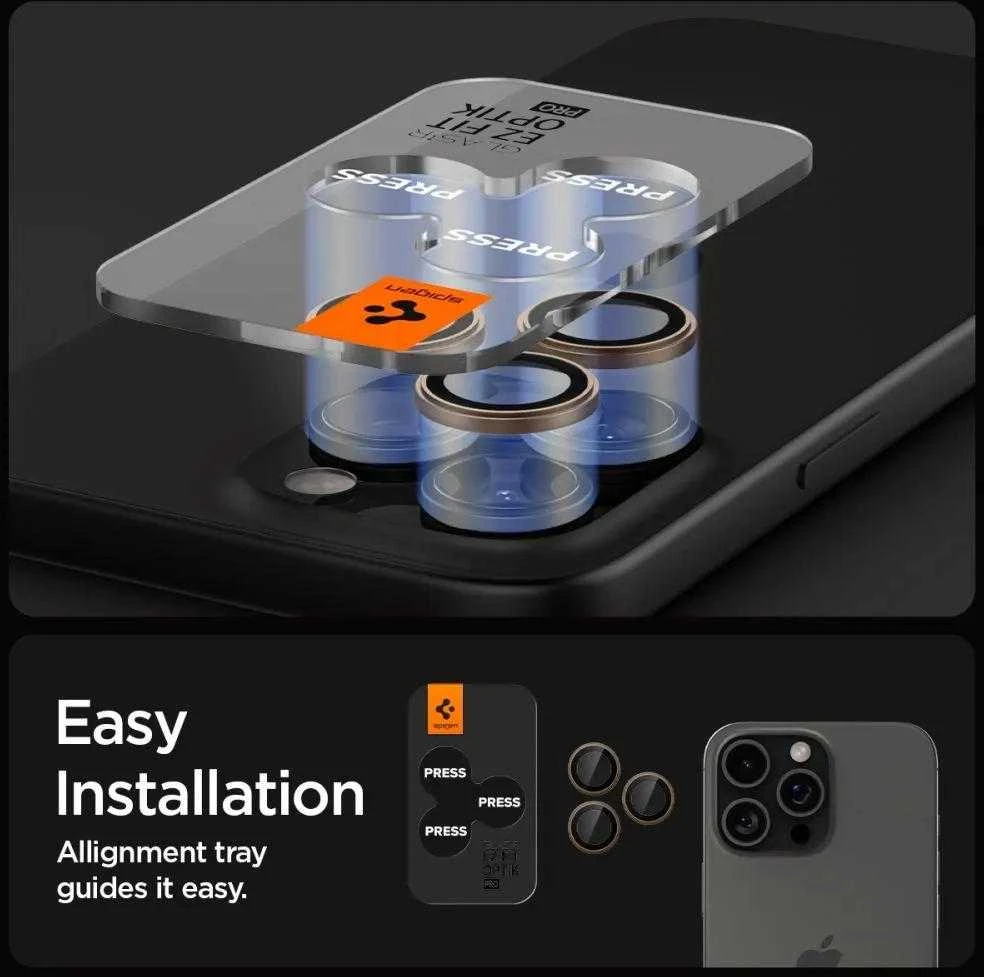 Spigen OPTIK PRO GLAS.TR ”EZ FIT” KAMEROS APSAUGOS 2 PAKUOTĖS Apple iPhone 16 PRO / PRO MAX DESERT TITANIUM