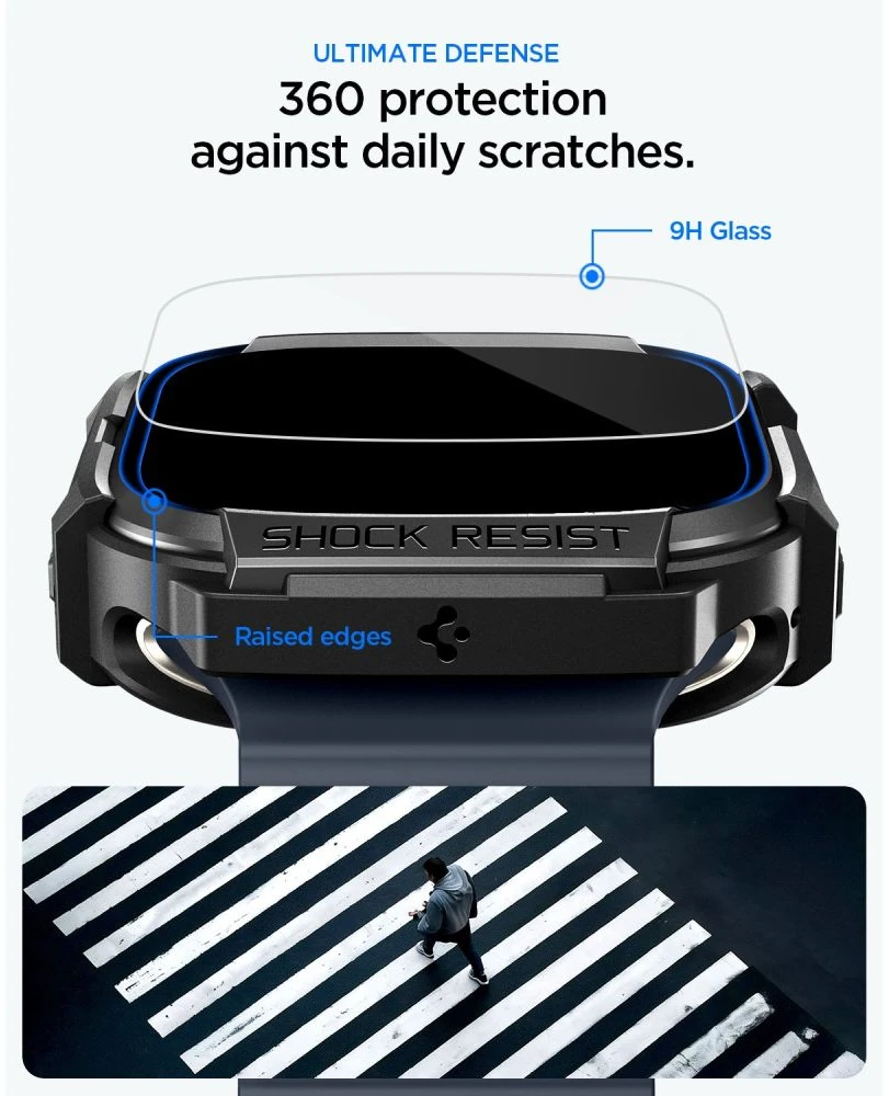 SPIGEN RUGGED ARMOR IR GRŪDINTO STIKLO APSAUGINIS STIKLAS APPLE WATCH ULTRA 1 / 2 / 3 (49 MM) MATINĖ JUODA