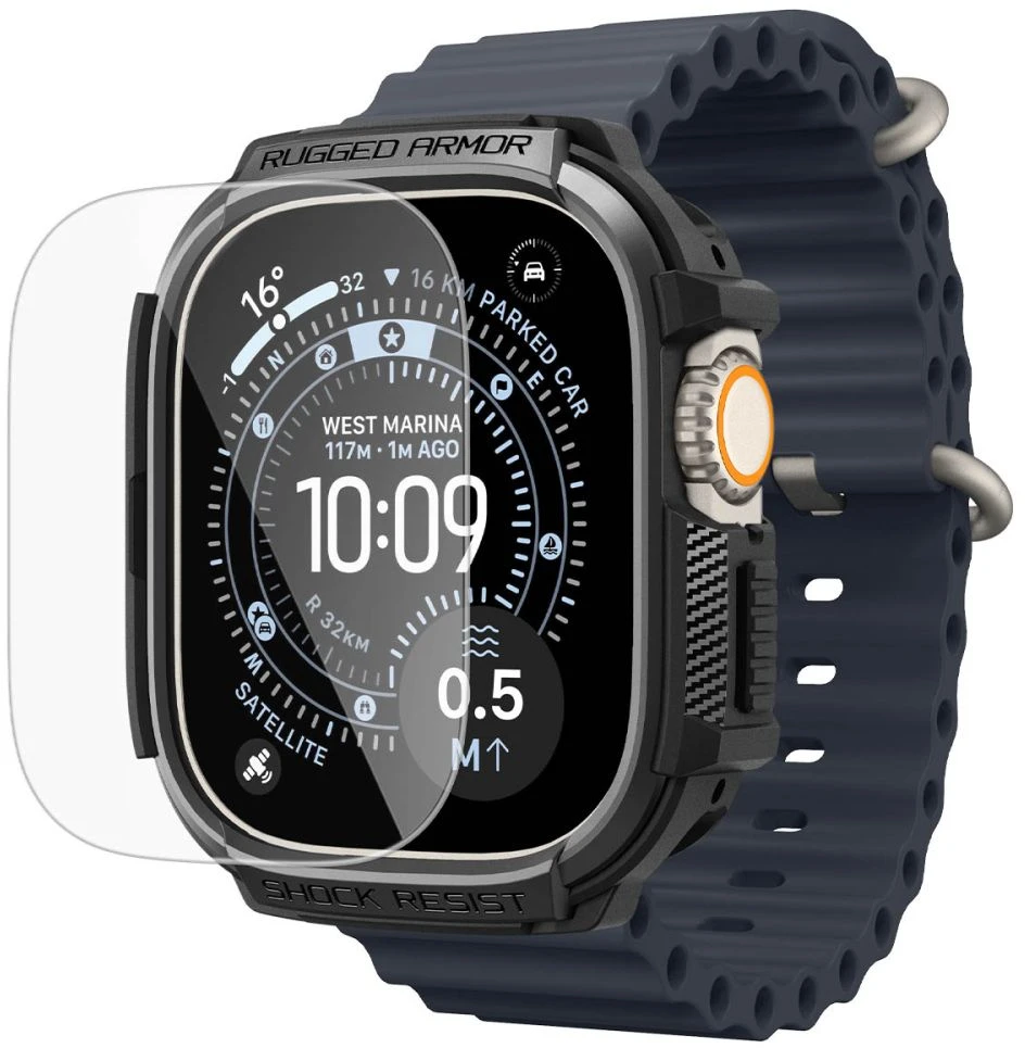 SPIGEN RUGGED ARMOR IR GRŪDINTO STIKLO APSAUGINIS STIKLAS APPLE WATCH ULTRA 1 / 2 / 3 (49 MM) MATINĖ JUODA