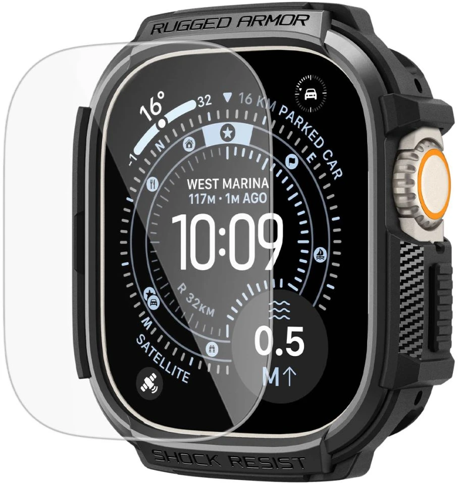 SPIGEN RUGGED ARMOR IR GRŪDINTO STIKLO APSAUGINIS STIKLAS APPLE WATCH ULTRA 1 / 2 / 3 (49 MM) MATINĖ JUODA