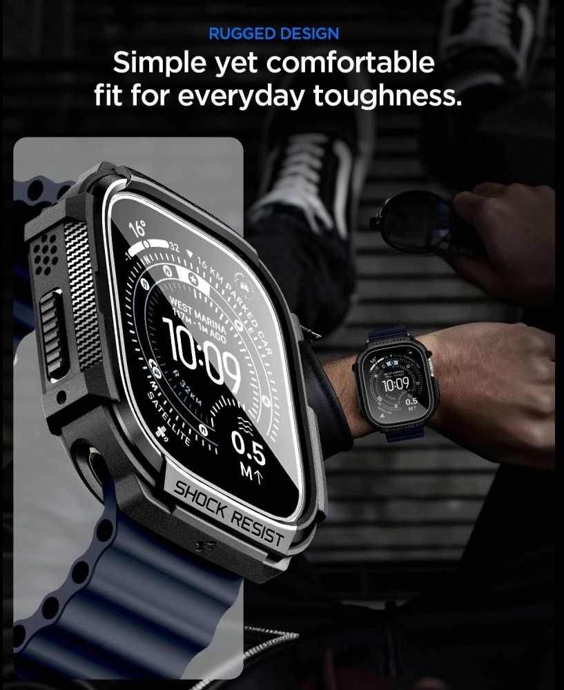 SPIGEN RUGGED ARMOR IR GRŪDINTO STIKLO APSAUGINIS STIKLAS APPLE WATCH ULTRA 1 / 2 / 3 (49 MM) MATINĖ JUODA
