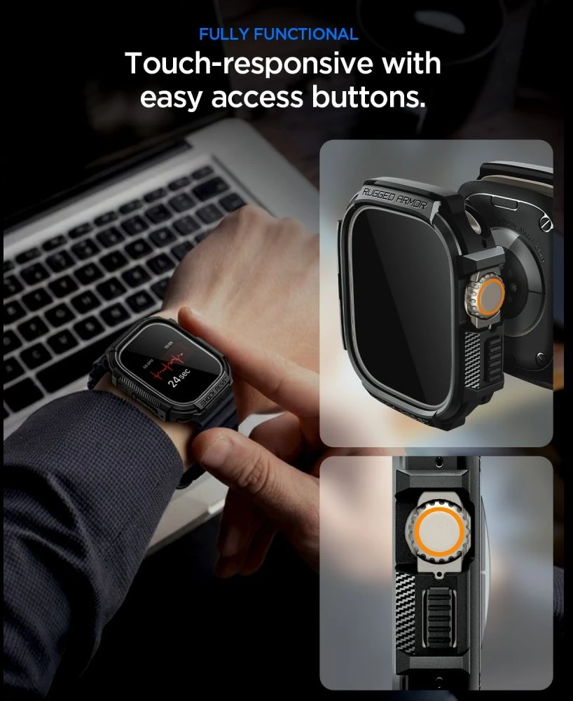 SPIGEN RUGGED ARMOR IR GRŪDINTO STIKLO APSAUGINIS STIKLAS APPLE WATCH ULTRA 1 / 2 / 3 (49 MM) MATINĖ JUODA
