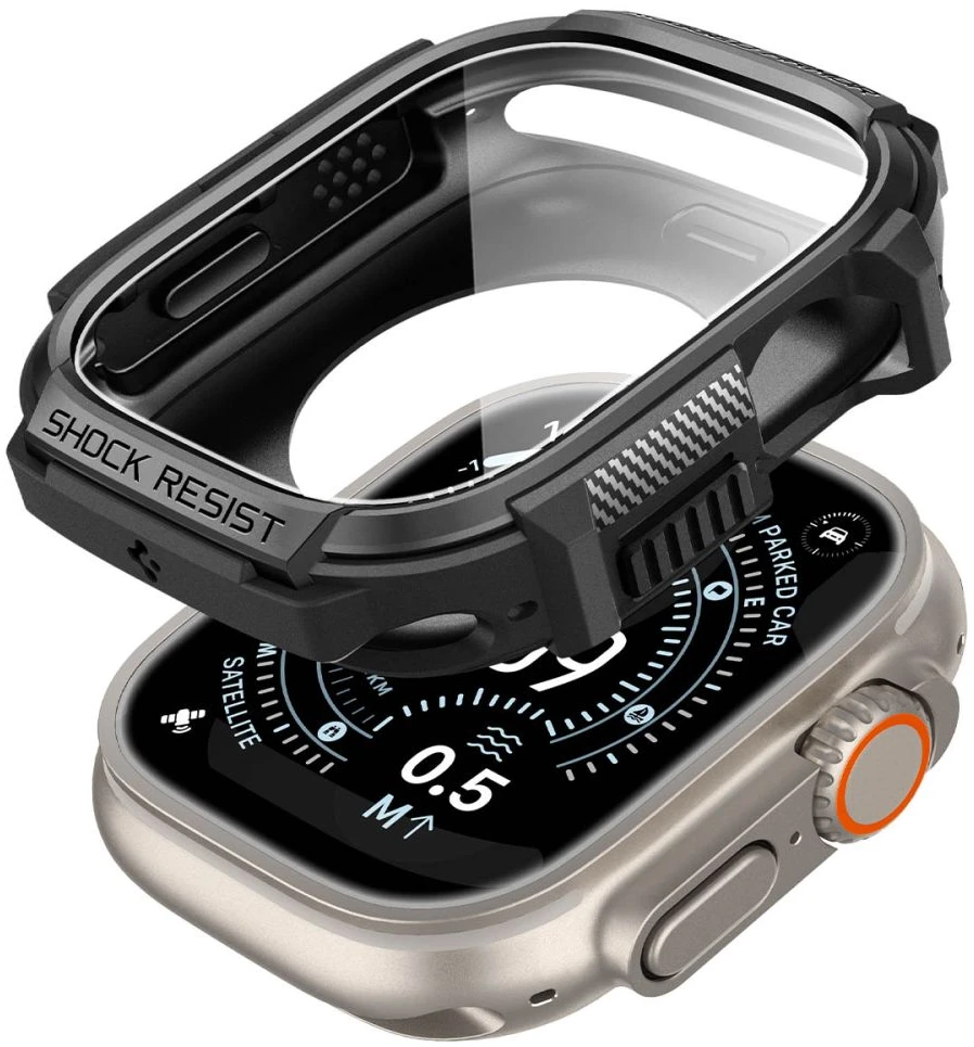 SPIGEN RUGGED ARMOR IR GRŪDINTO STIKLO APSAUGINIS STIKLAS APPLE WATCH ULTRA 1 / 2 / 3 (49 MM) MATINĖ JUODA