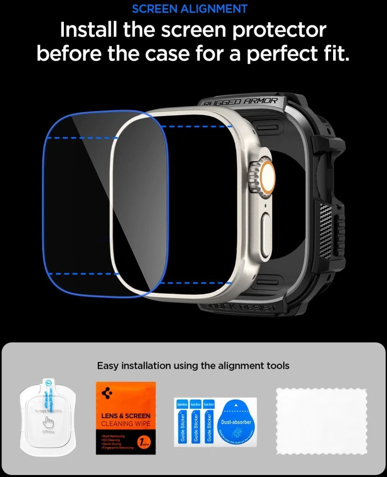 SPIGEN RUGGED ARMOR IR GRŪDINTO STIKLO APSAUGINIS STIKLAS APPLE WATCH ULTRA 1 / 2 / 3 (49 MM) MATINĖ JUODA