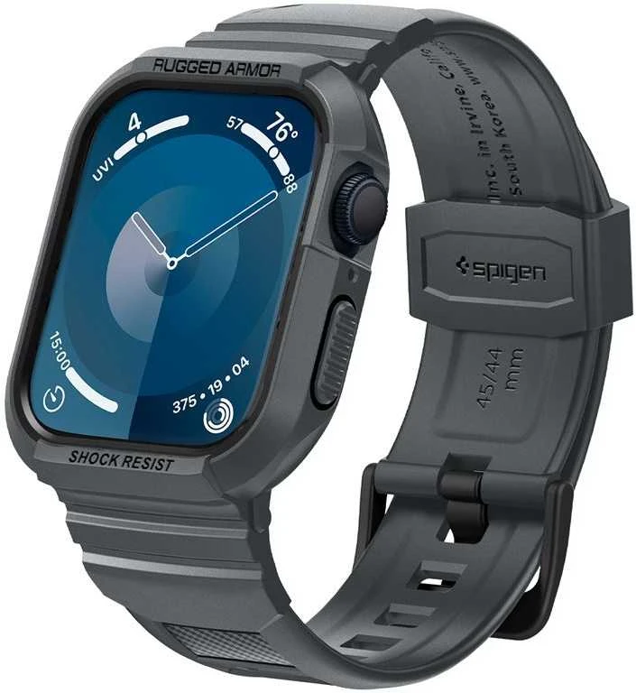 „Spigen Rugged Armor Pro“ dirželis su dėklu, skirtas „Apple Watch 4/5/6/7/8/9/SE 44/45 mm“ (tamsiai pilkas)