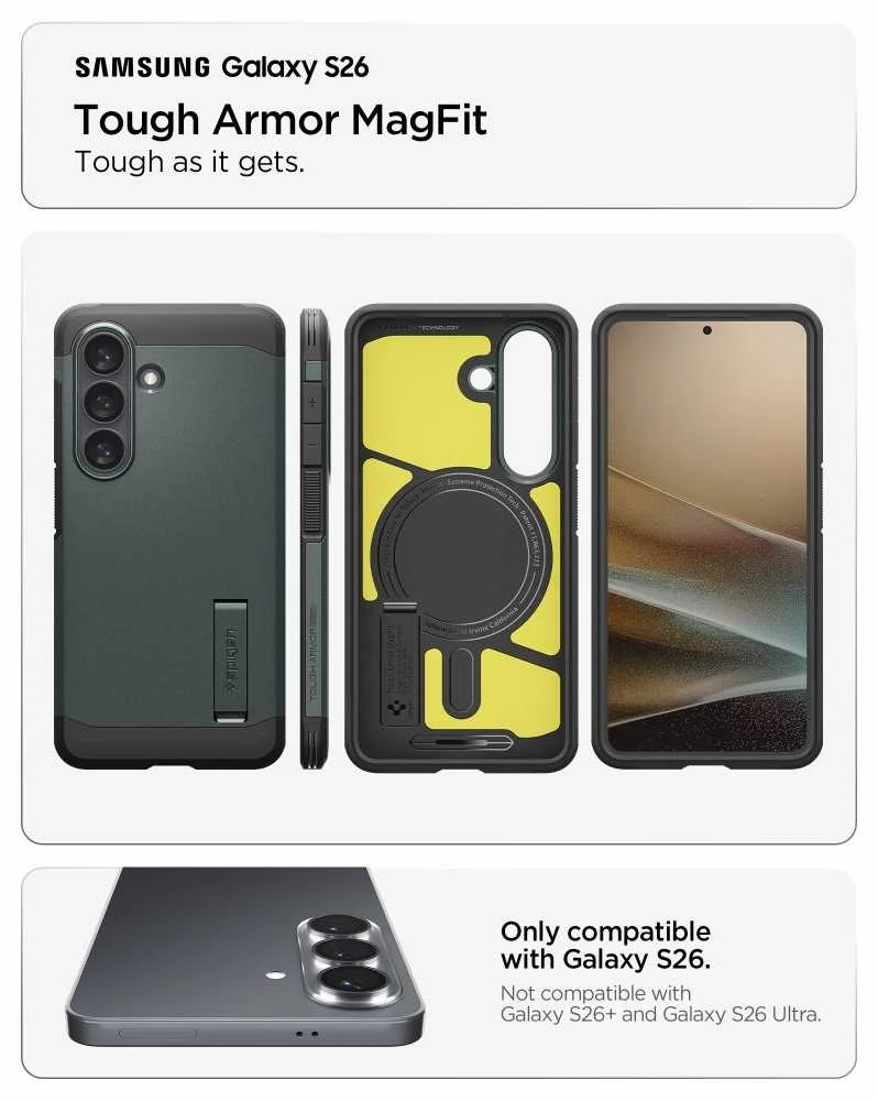 Spigen Tough Armor Mag MagSafe dėklas skirtas Samsung Galaxy S26 – žalios spalvos