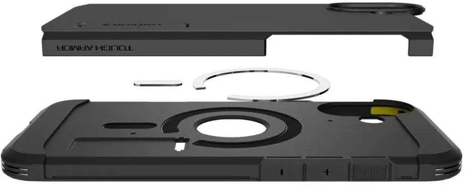 Spigen Tough Armor MagSafe su stoveliu Apple iPhone 16 – dėklas telefonui juodos spalvos
