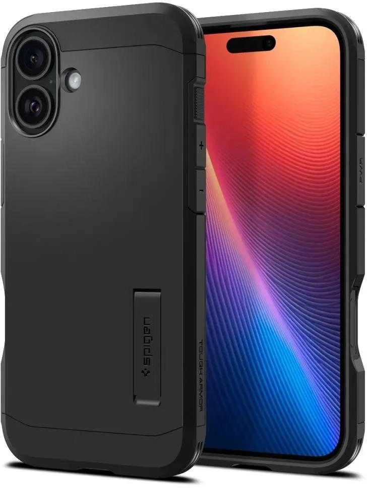 Spigen Tough Armor MagSafe su stoveliu Apple iPhone 16 – dėklas telefonui juodos spalvos
