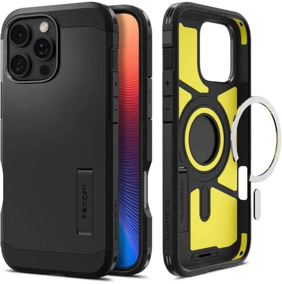 Spigen Tough Armor MagSafe su stoveliu Apple iPhone 16 Pro – dėklas telefonui juodos spalvos