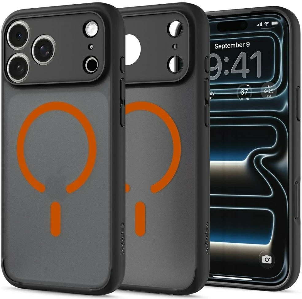 Spigen Ultra Hybrid Mag MagSafe dėklas, skirtas iPhone 18 Pro Max / 17 Pro Max, juodas-oranžinis