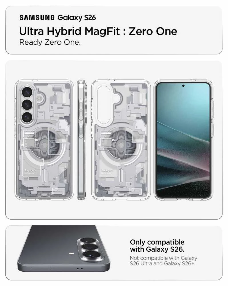 Spigen Ultra Hybrid Mag MagSafe dėklas Samsung Galaxy S26 ZERO ONE baltos spalvos