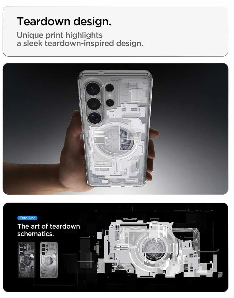 Spigen Ultra Hybrid Mag MagSafe dėklas skirtas Samsung Galaxy S26 Ultra Zero One – Clear and Baltas