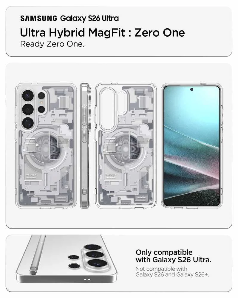 Spigen Ultra Hybrid Mag MagSafe dėklas skirtas Samsung Galaxy S26 Ultra Zero One – Clear and Baltas