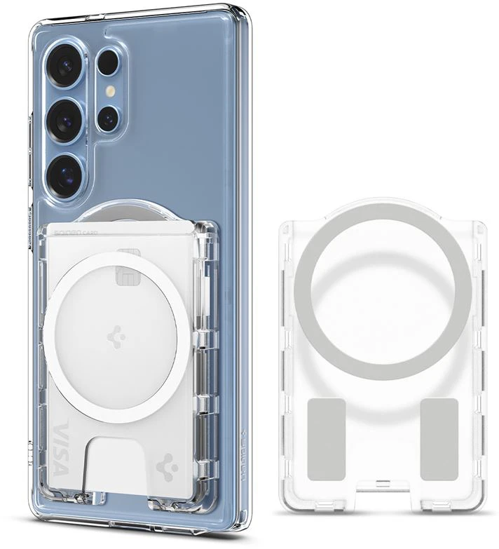 Dėklas „Spigen Ultra Hybrid“ piniginė „MagSafe+“, krištolo skaidrumo – „Samsung Galaxy S25“ serijai