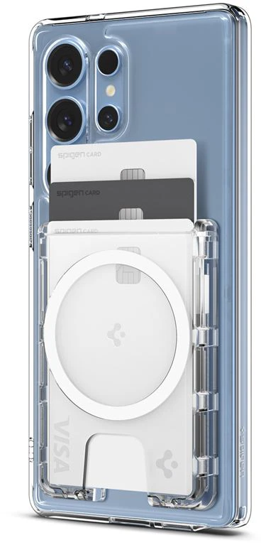 Dėklas „Spigen Ultra Hybrid“ piniginė „MagSafe+“, krištolo skaidrumo – „Samsung Galaxy S25“ serijai