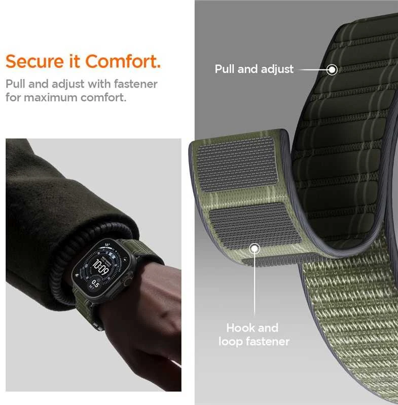 „Spigen Fabric Band“ (su lipduku ir kilpa), žalias - Apple Watch 49mm/46mm/45mm/44mm