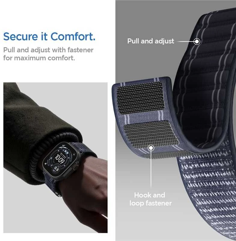 „Spigen Fabric Band“ apyrankė su lipdukais ir kilpelėmis, tamsiai mėlyna - „Apple Watch 49mm/46mm/45mm/44mm“