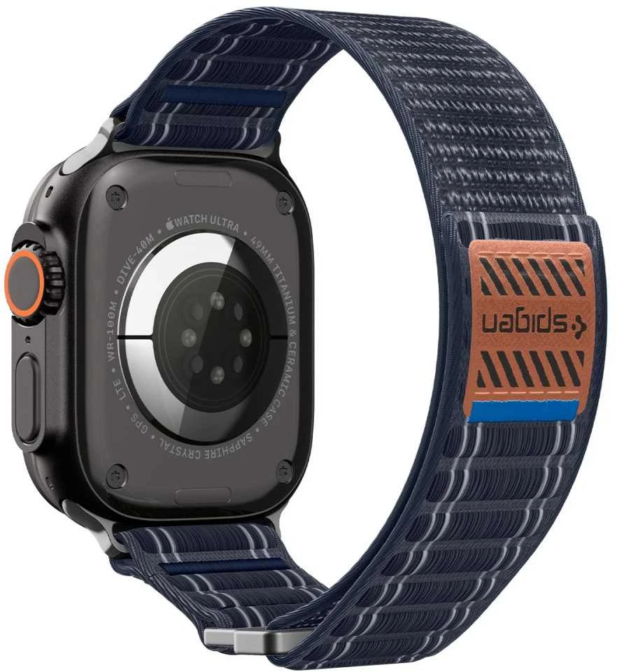 „Spigen Fabric Band“ apyrankė su lipdukais ir kilpelėmis, tamsiai mėlyna - „Apple Watch 49mm/46mm/45mm/44mm“
