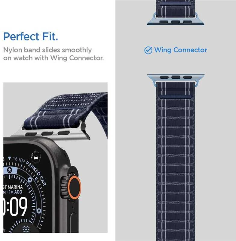 „Spigen Fabric Band“ apyrankė su lipdukais ir kilpelėmis, tamsiai mėlyna - „Apple Watch 49mm/46mm/45mm/44mm“