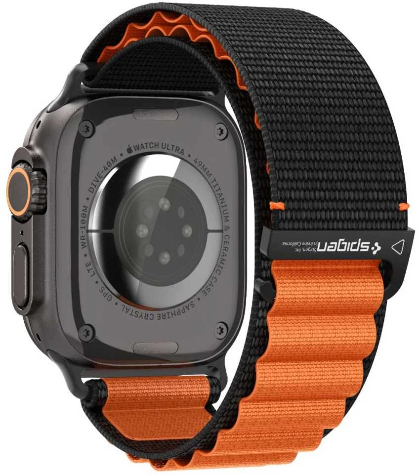 Spigen WBF1 Strap for Apple Watch 44 / 45 / 46 / 49 mm – juodos spalvos ir oranžinės spalvos