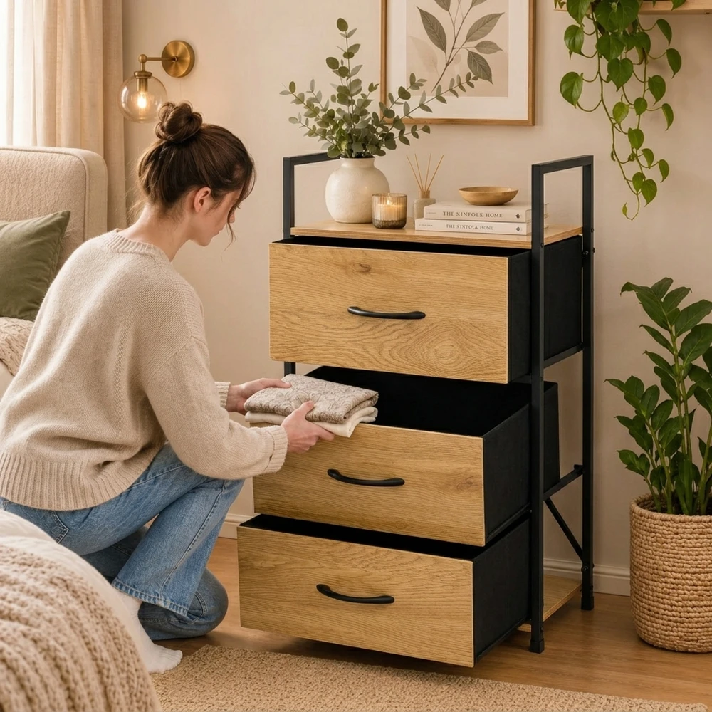 Spintelė su 3 audinio stalčiais ModernHome