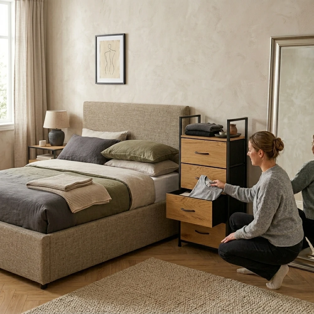 Spintelė su 4 medžiaginiais stalčiais lentyna cm tekstilinis organizatorius loft ModernHome