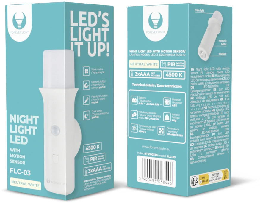 TelForceone LED šviestuvas drabužinei FLC-03 PIR 3xAAA Forever Light