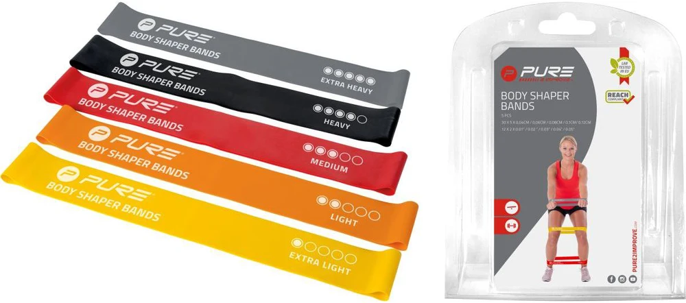 Pure2Improve | Resistance Bands Set of 5 | Juodas, Pilkas, Oranžinis, Raudona, Geltona