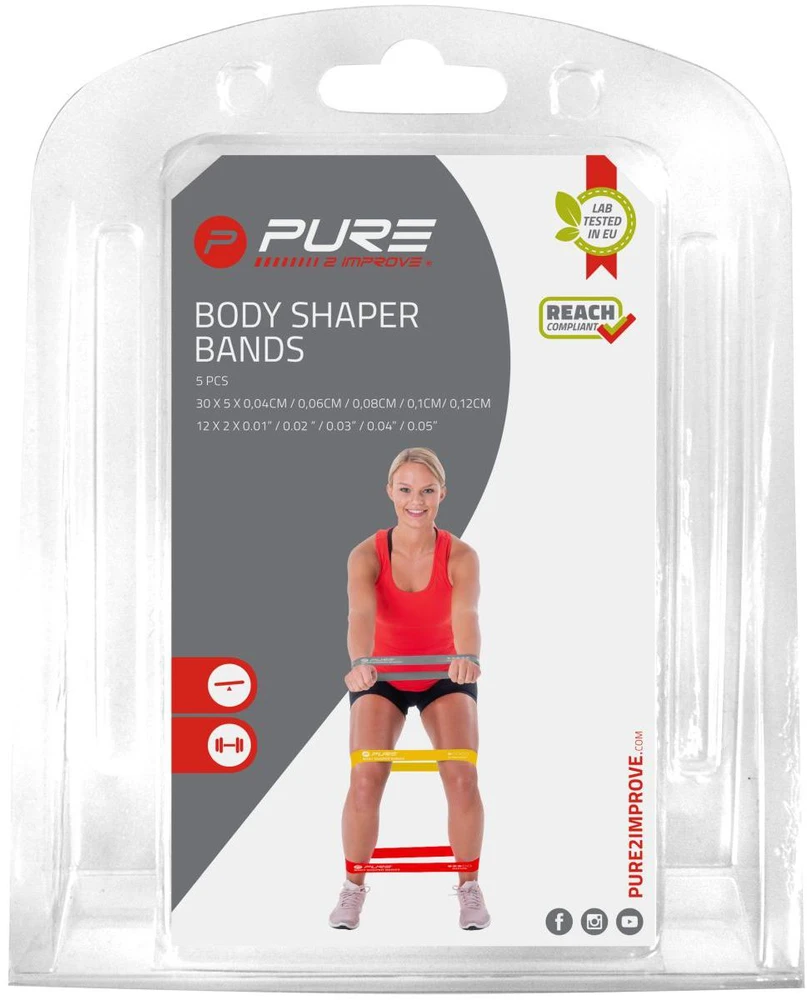 Pure2Improve | Resistance Bands Set of 5 | Juodas, Pilkas, Oranžinis, Raudona, Geltona