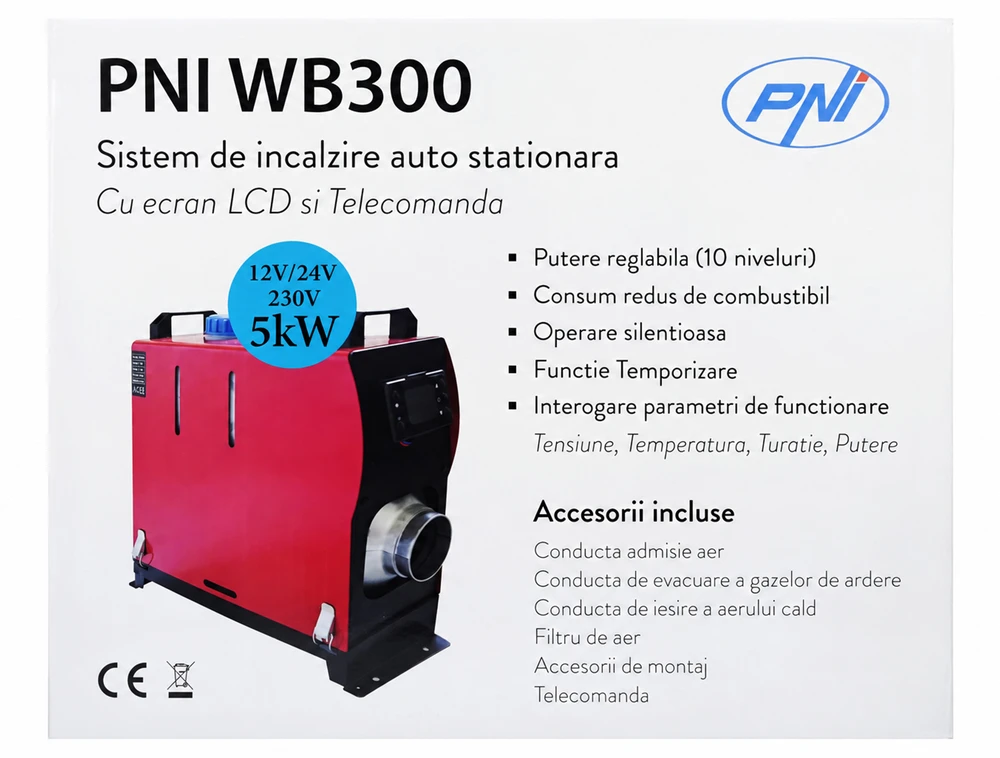 Stacionari automobilinė šildymo sistema PNI WB300 dyzelinė 5kW, 12V, 24V, 230V, 10 galios lygių
