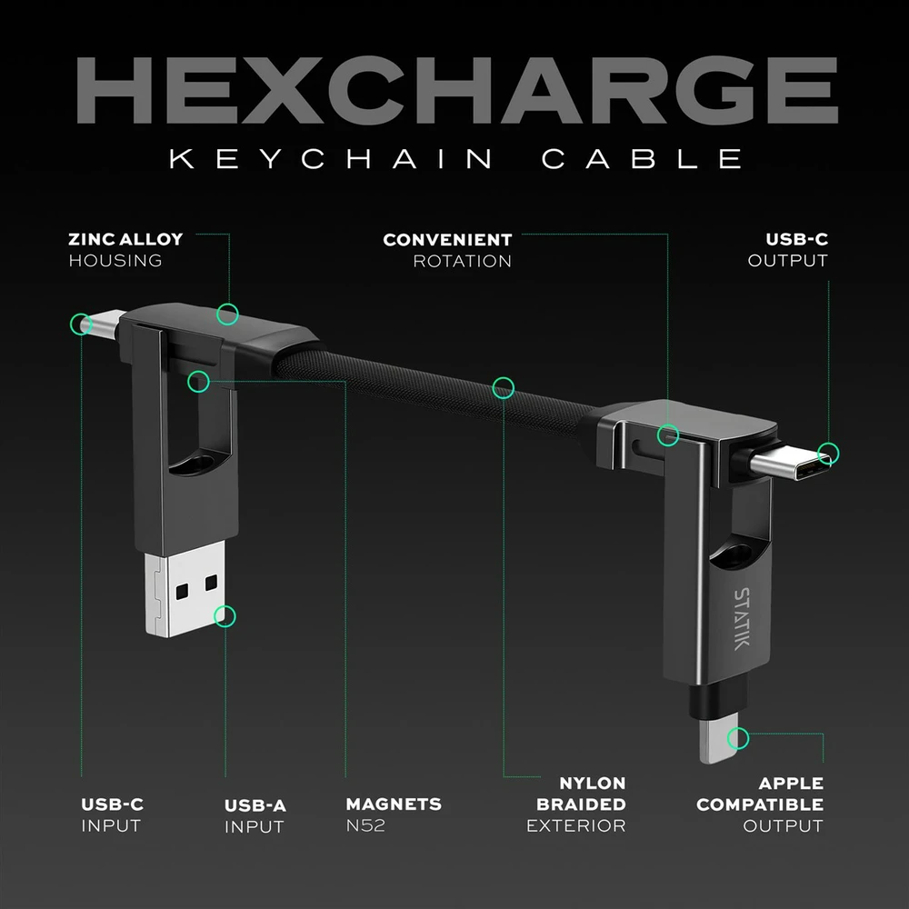 STATIK HexCharge Cable; Juodas