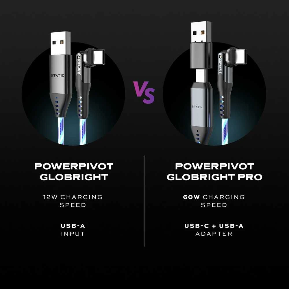 STATIK PowerPivot Pro, šviečiantis LED laidas, USB-C į USB-C, 1m, Juodas