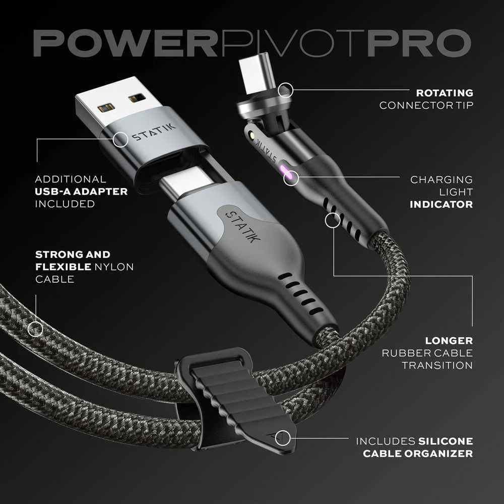 STATIK PowerPivot Pro nailono pintas kabelis, USB-C į USB-C, 2m, juodas