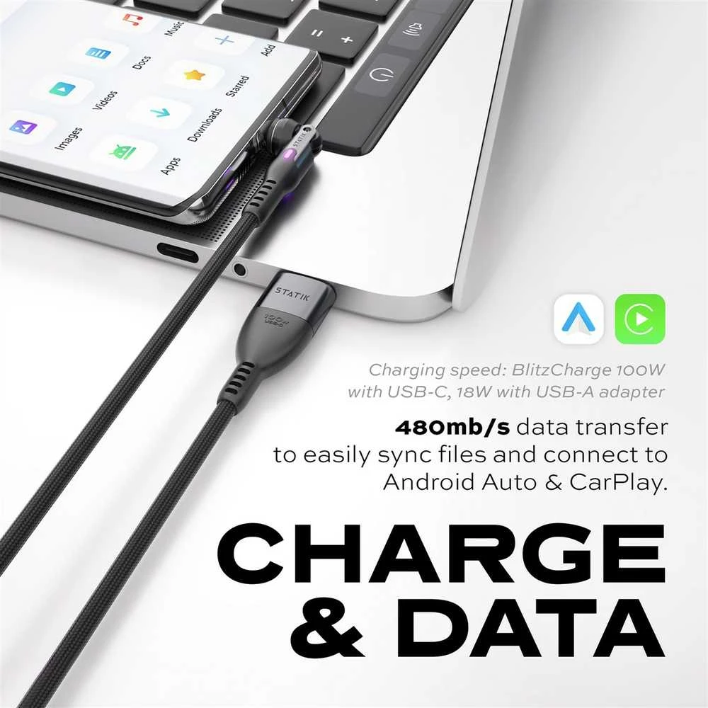 STATIK PowerPivot Pro nailono pintas kabelis, USB-C į USB-C, 3m, juodas