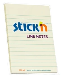 Stickxb4N Lipnūs lapeliai Stick´N 21056, 101x150mm, 100 lapelių, geltonos spalvos, linijomis