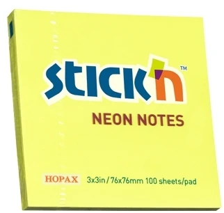 Stickxb4N Lipnūs lapeliai Stick´N 21133, 76x76mm, 100 lapelių, neoninės geltonos spalvos