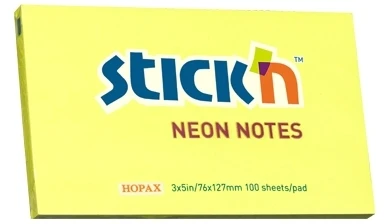 Stickxb4N Lipnūs lapeliai Stick´N 21135, 76x127mm, 100 lapelių, neoninės geltonos spalvos