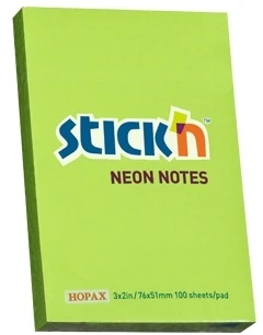 Stickxb4N Lipnūs lapeliai Stick´N 21163, 51x76mm, 100 lapelių, Neoninės žalios spalvos