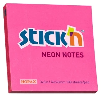 Stickxb4N Lipnūs lapeliai Stick´N 21165, 76x76mm, 100 lapelių,neoninės rožinės spalvos