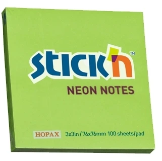Stickxb4N Lipnūs lapeliai Stick´N 21167, 76x76mm, 100 lapelių, neoninės žalios spalvos