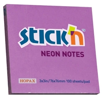 Stickxb4N Lipnūs lapeliai Stick´N 21210, 76x76mm, 100 lapelių, neoninės violetinės spalvos