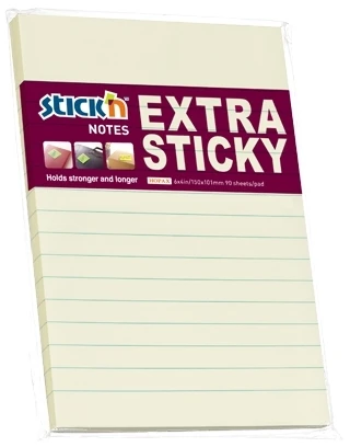 Stickxb4N Lipnūs lapeliai Stick´N Extra Sticky 21668, 150x101mm, 90 lapelių, geltonos spalvos, linijomis